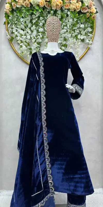 Divine Navy Blue Color Velvet With Cording Dori Work Long Length Gown