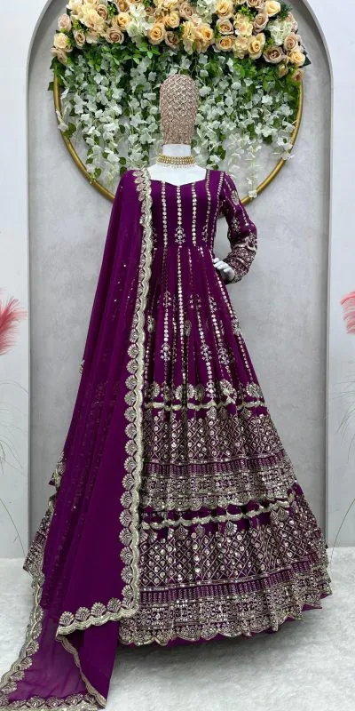 Glorious Wine Color Heavy Georgette Embroidery With Sequence Work Lehenga