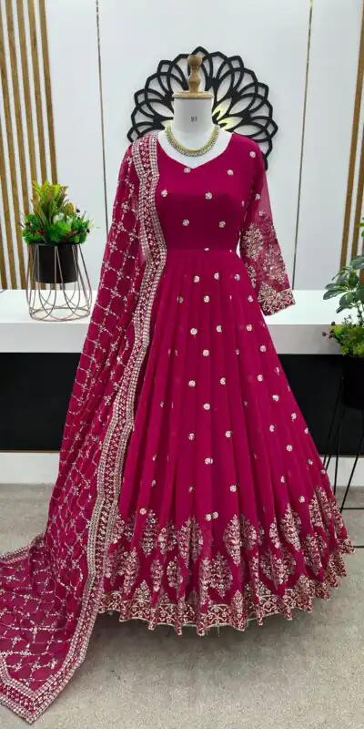 ZF 359 Rani Pink Color Georgette Embroidery Sequence Work Gown Casual, Wedding, Party, Festive, Events Etc. Expected Delivery 4-6 Working Days @1999/- | Gowns, Bollywood Gowns, Creative Gowns, Designer Gowns, Embroidered Gowns, Party Wear Gowns