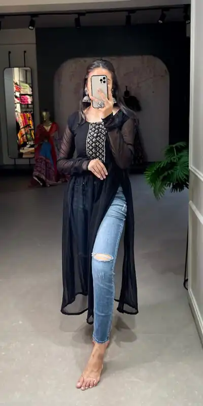 YNF 3501 Black Color Georgette Sequins Embroidery work Kurti Casual, Wedding, Party, Festive, Events Etc. Expected Delivery 4-6 Working Days @1399/- | Kurti, Bollywood Kurti, Creative Kurtis, Designer Kurti, Party Wear Kurti, Selfie Kurti