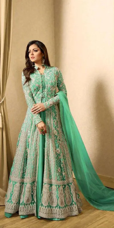 Drashti Dhami Light Green Embroidered Georgette Net Anarkali Suit