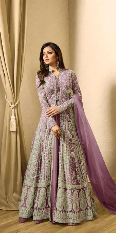 Drashti Dhami Purple Embroidered Georgette Net Anarkali Suit