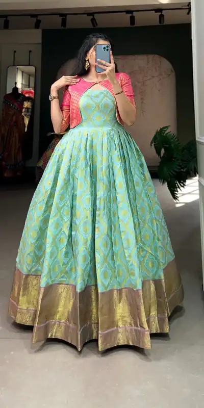 Lovely Green Color Micro Cotton Silk Jacquard  Zari work designer gown