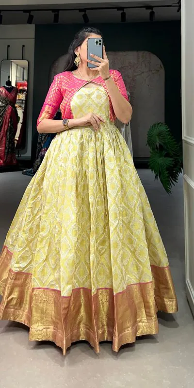 Lovely Yellow Color Micro Cotton Silk Jacquard  Zari work designer gown