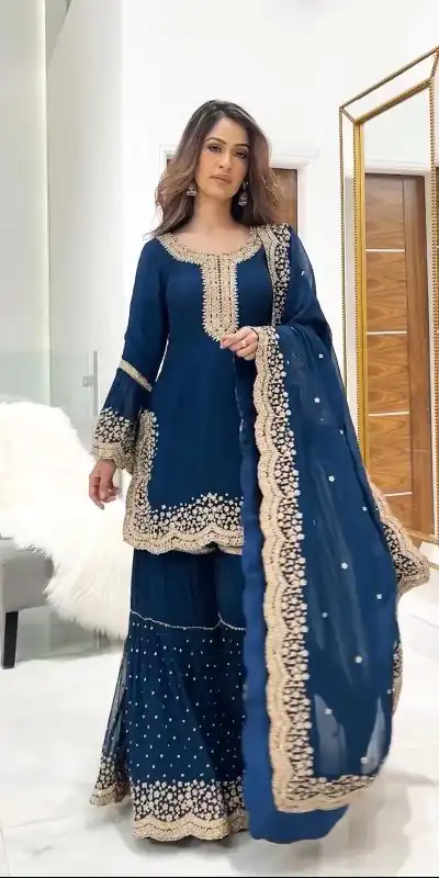 Mesmerizing Royal Blue Color Faux Georgette Embroidery Work Sharara Suit