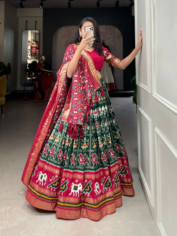 Exclusive Green Color Tussar Silk Patola Foil Printed Lehenga Choli