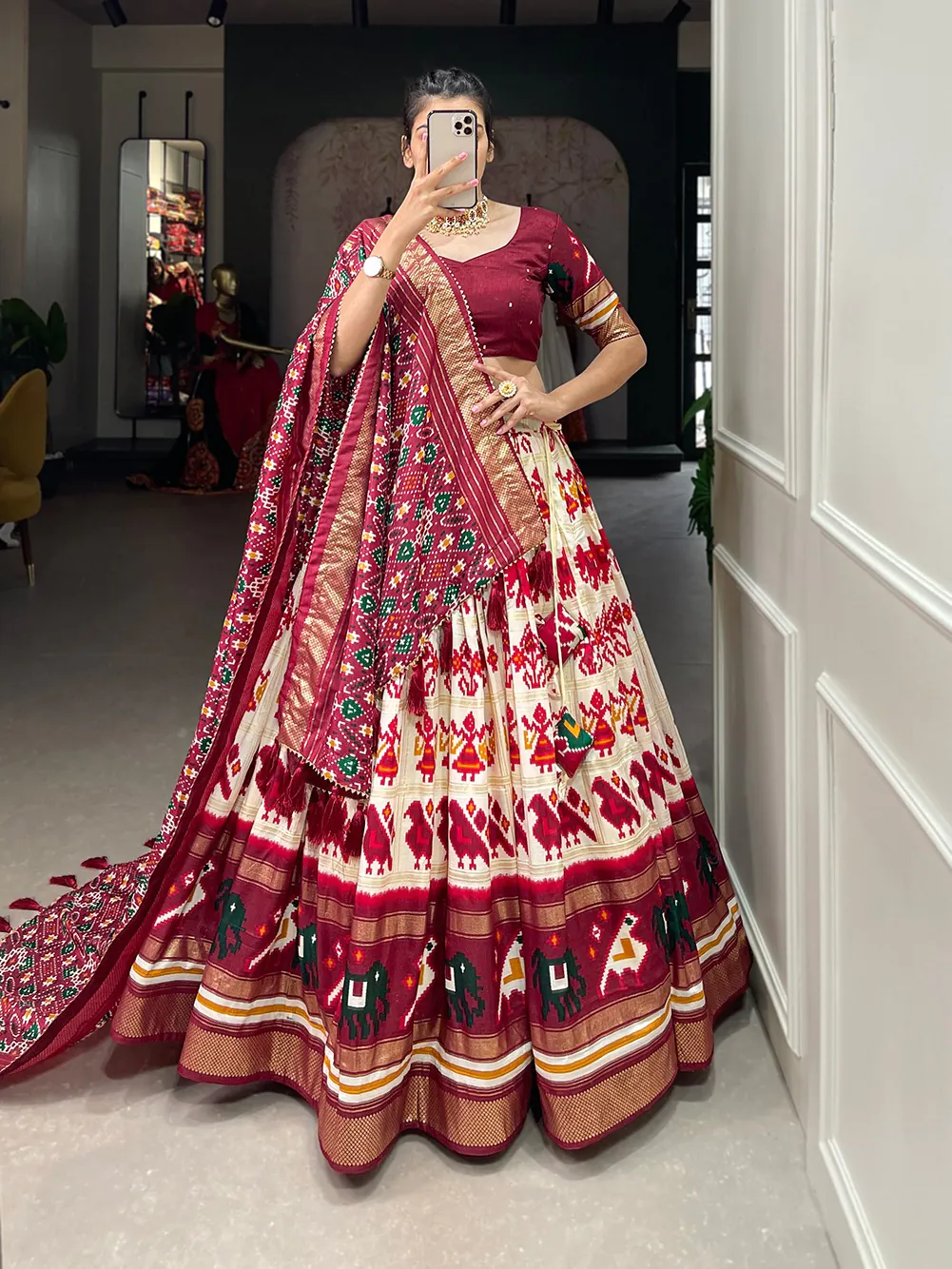 Exclusive Off White Color Tussar Silk Patola Printed Lehenga Choli
