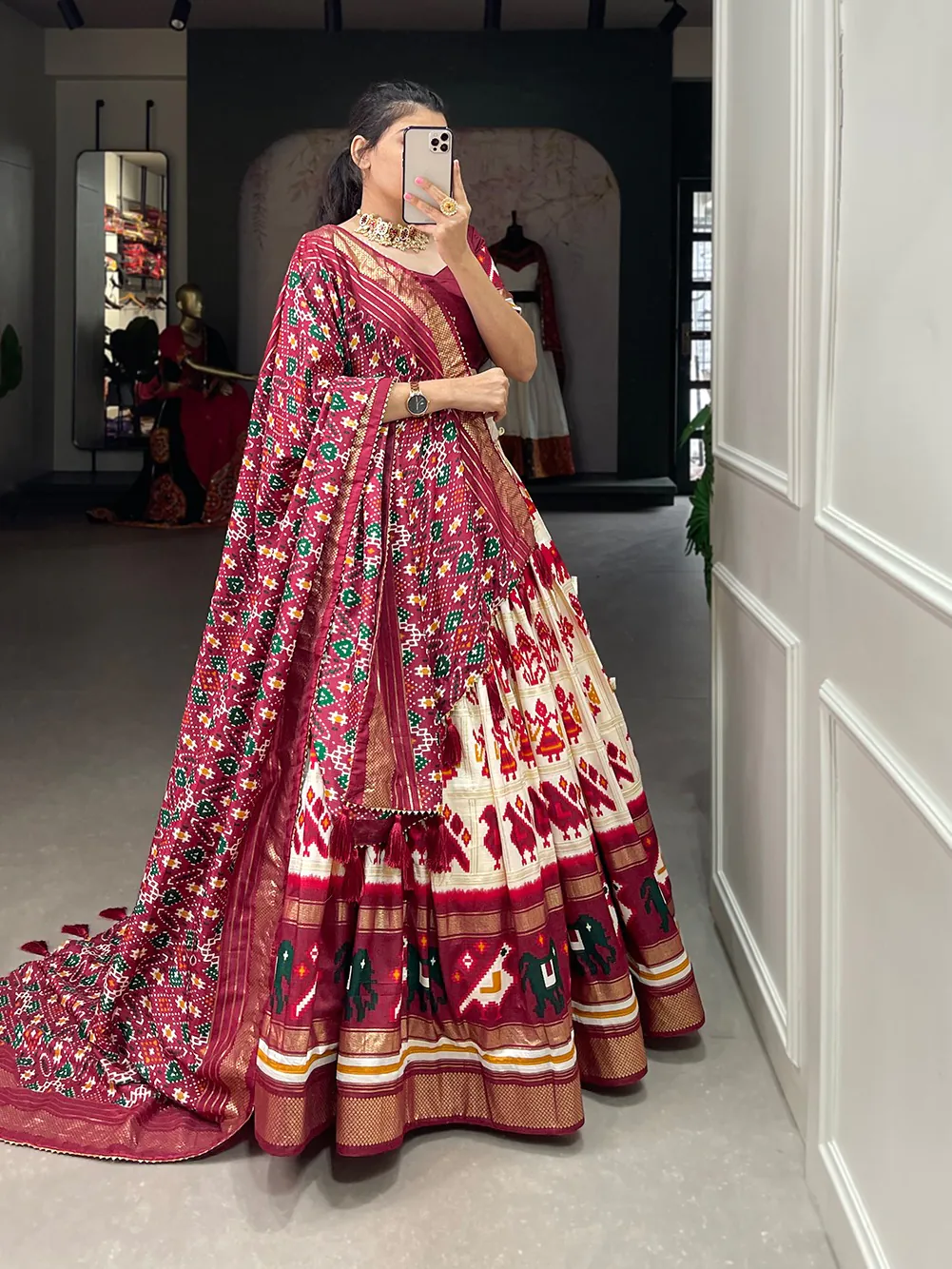 Exclusive Off White Color Tussar Silk Patola Printed Lehenga Choli - Image 3
