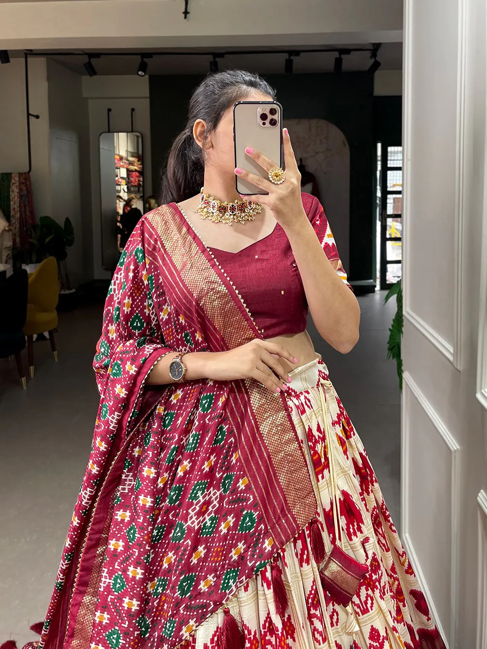 Exclusive Off White Color Tussar Silk Patola Printed Lehenga Choli - Image 2