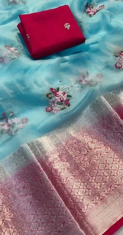 Perfect Blue Color Nylon Organza Jacquard Embroidered Saree