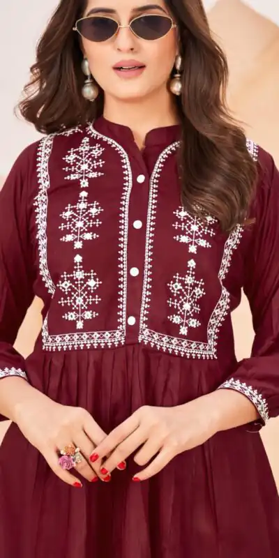 INLI Bubbly Maroon Color Heavy Rayon Embroidery work Kurti Casual, Wedding, Party, Festive, Events Etc. Expected Delivery 4-6 Working Days @999/- | Kurti, Bollywood Kurti, Creative Kurtis, Designer Kurti, Party Wear Kurti, Selfie Kurti