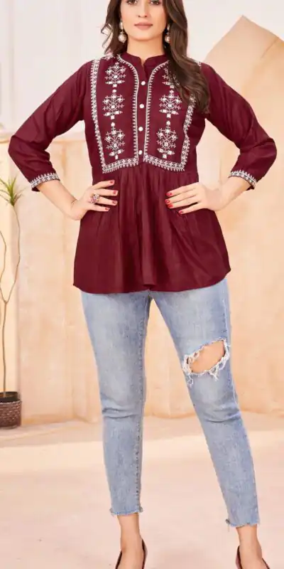 INLI Bubbly Maroon Color Heavy Rayon Embroidery work Kurti Casual, Wedding, Party, Festive, Events Etc. Expected Delivery 4-6 Working Days @999/- | Kurti, Bollywood Kurti, Creative Kurtis, Designer Kurti, Party Wear Kurti, Selfie Kurti