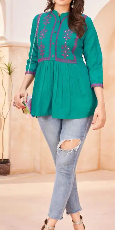 Perfect Peacock Green Color Heavy Rayon Embroidery Work Kurti