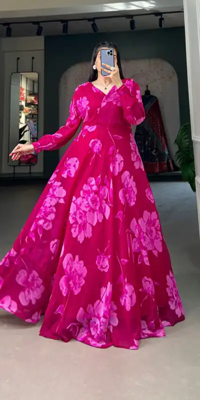 YNF 5011 Pink Color Chiffon Floral Printed Party Wear Gown Casual, Wedding, Party, Festive, Events Etc. Expected Delivery 4-6 Working Days @1499/- | Gowns, Bollywood Gowns, Creative Gowns, Designer Gowns, Embroidered Gowns, Party Wear Gowns