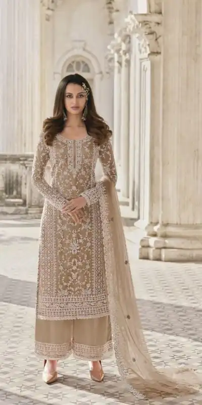 Adorable Peach Color Butterfly Net And Embroidery Work Sharara