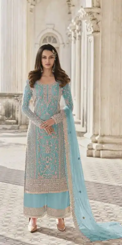 Adorable Sky Blue Color Butterfly Net And Embroidery Work Sharara