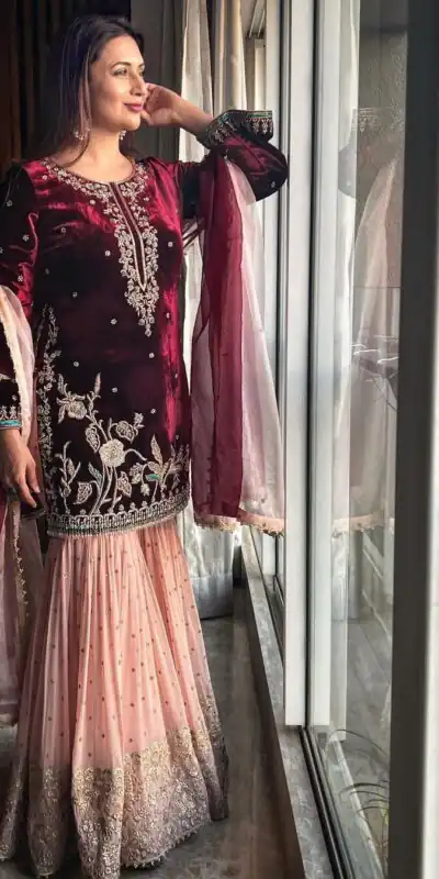 KD 1138 Maroon Top : Heavy Velvet Work : Thread Work Wedding, Party, Festive, Events Etc. Thread Work Sharara @2049 | Salwar suit, Designer Suits, Casual Suits, Creative suits, Palazzo Suits, Party Wear Suits, Straight Suits