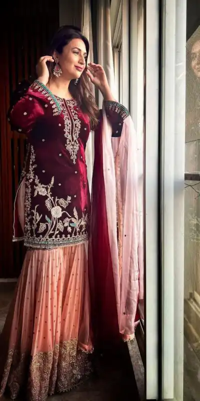 KD 1138 Maroon Top : Heavy Velvet Work : Thread Work Wedding, Party, Festive, Events Etc. Thread Work Sharara @2049 | Salwar suit, Designer Suits, Casual Suits, Creative suits, Palazzo Suits, Party Wear Suits, Straight Suits