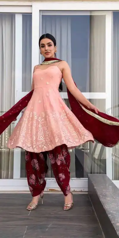Dazzling Pretty Pink Color Heavy Georgette Work Sharara Set