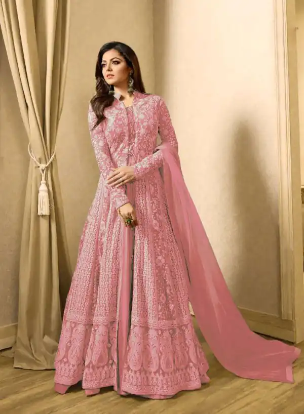 Drashti Dhami Pink Embroidered Georgette Net Anarkali Suit