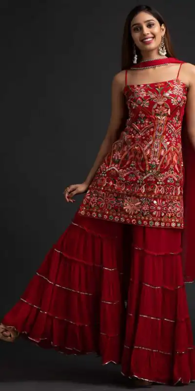 NSR 1301 Red Top : Georgette Work : Heavy Embroidery With Real Mirror Work Sharara : Georgette Wedding, Party, Festive, Events @1849/- | Salwar suit, Designer Suits, Casual Suits, Creative suits, Palazzo Suits, Party Wear Suits, Straight Suits