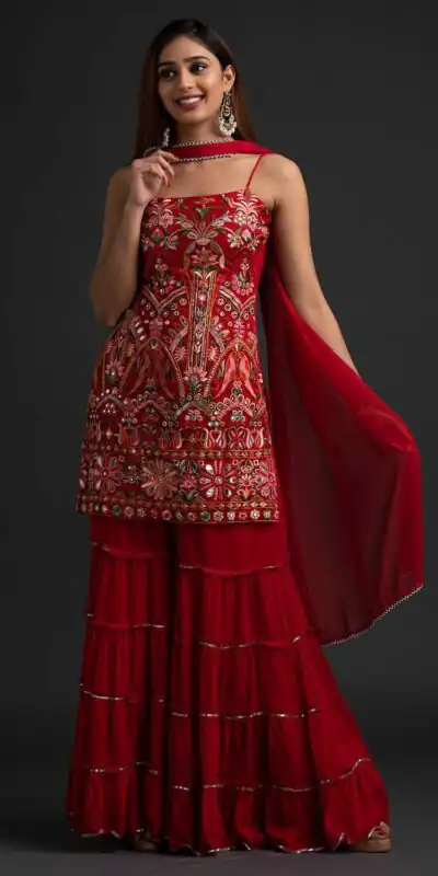 NSR 1301 Red Top : Georgette Work : Heavy Embroidery With Real Mirror Work Sharara : Georgette Wedding, Party, Festive, Events @1849/- | Salwar suit, Designer Suits, Casual Suits, Creative suits, Palazzo Suits, Party Wear Suits, Straight Suits