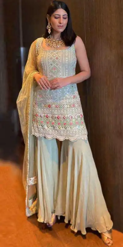 Trendy Yankita Kapoor Light Green Color Party Wear Sharara Set