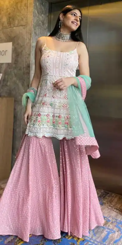 Yankita Kapoor White Pink Color Mirror Embellished Party Wear Sharara Suit