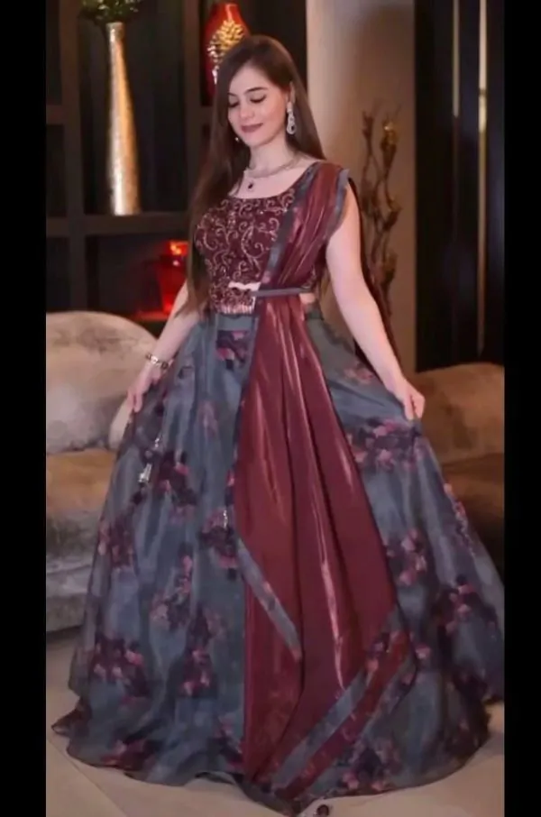 Captivating Grey Color Organza Printed Embroidery Lehenga Choli