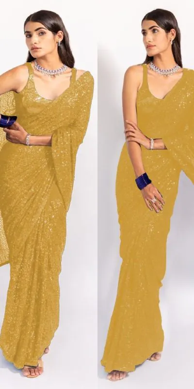 Consummate Golden Georgette Fancy Sequence Work Saree