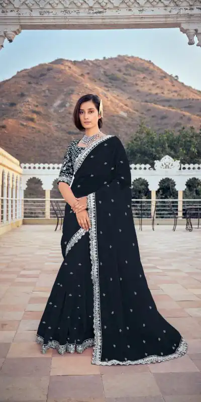 Dazzling Black Color Bright Organza Silk Sequence Work Saree