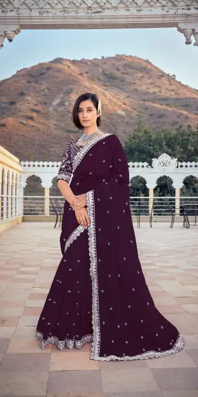 Dazzling Wine Color Bright Organza Silk Sequence Work Saree