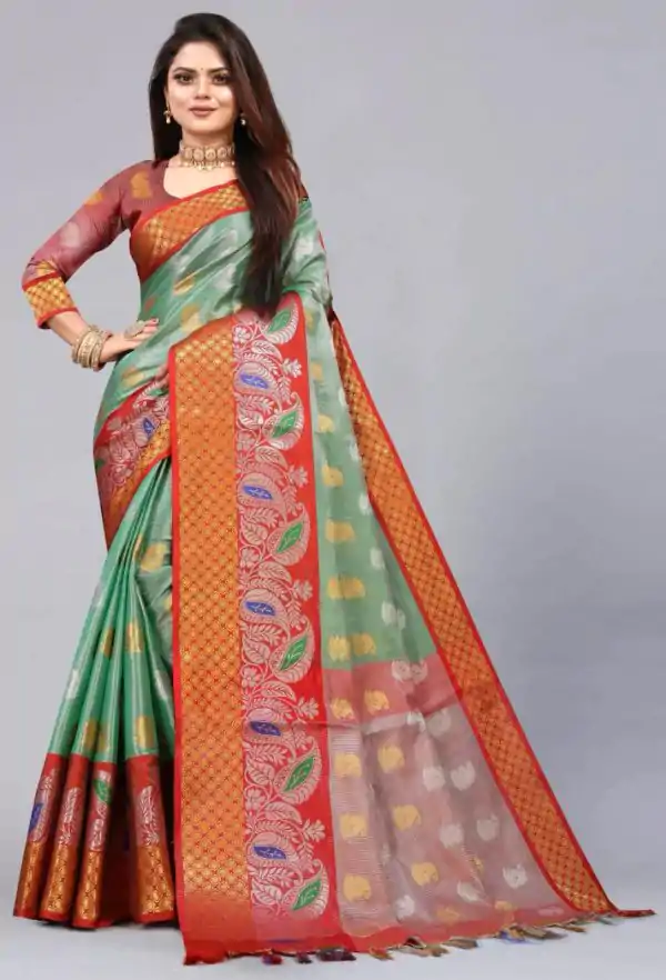 Fancy Green Color Organic Tissue Silk Gold Zari Weaving Saree