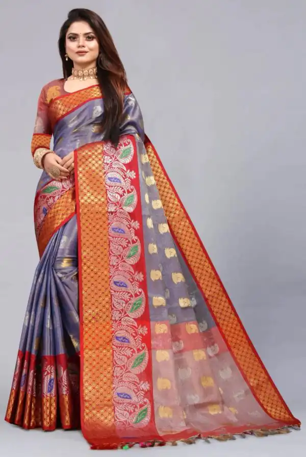 Fancy Grey Color Organic Tissue Silk Gold Zari Weaving Saree