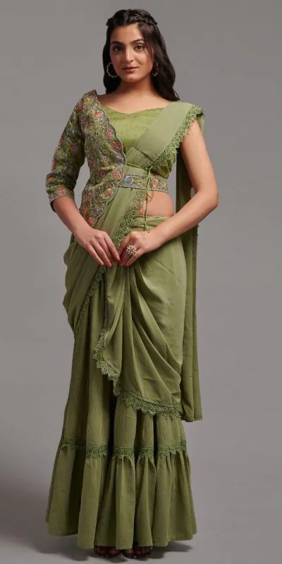 Fancy Mehndi Color Diamond Georgette Free Size Stitching Saree