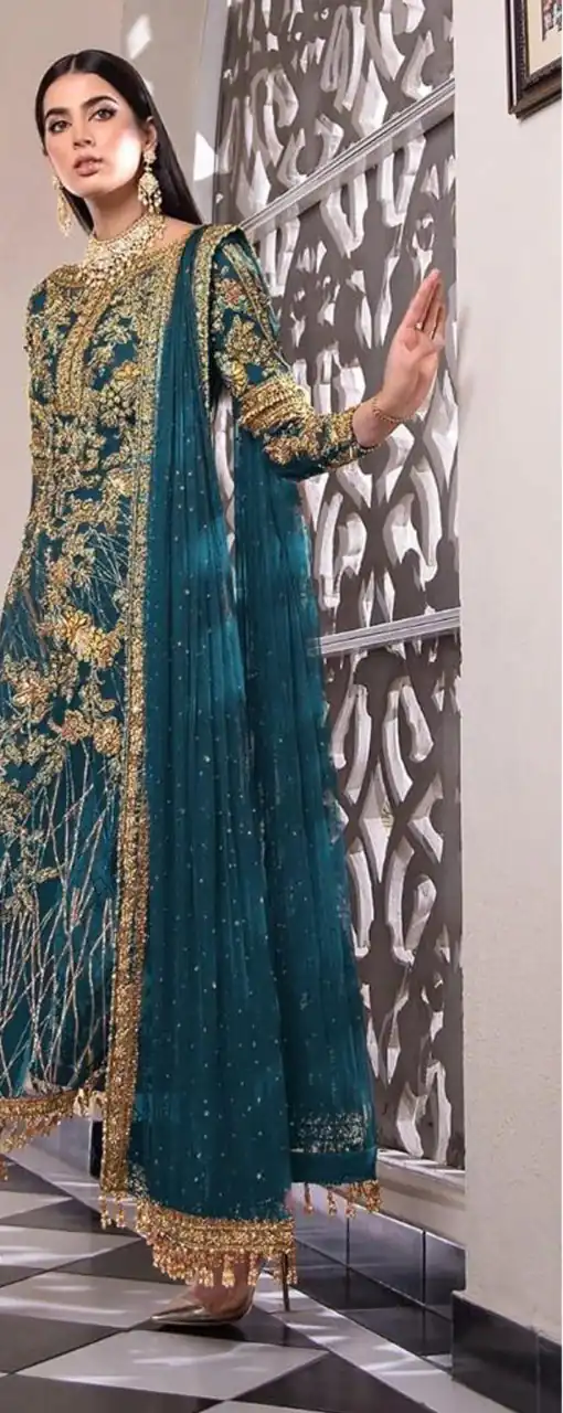 Feminine Navy Blue Color Net Embroidery Diamond Sharara Suit