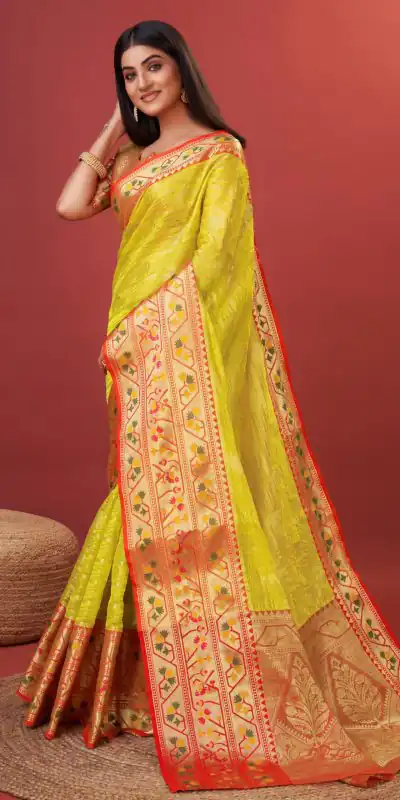 Magnificent Yellow Color Pure Lichi Silk Gold Zari Weaving Saree