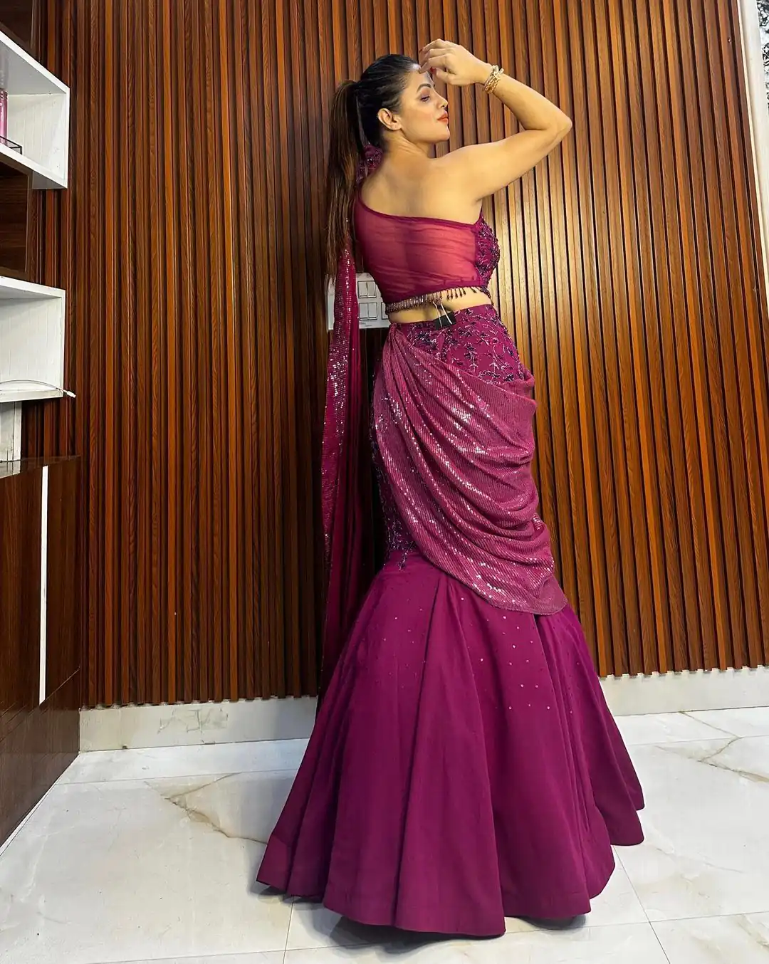 New Model Wine Georgette Thread Sequence Lehenga Saree - Image 2