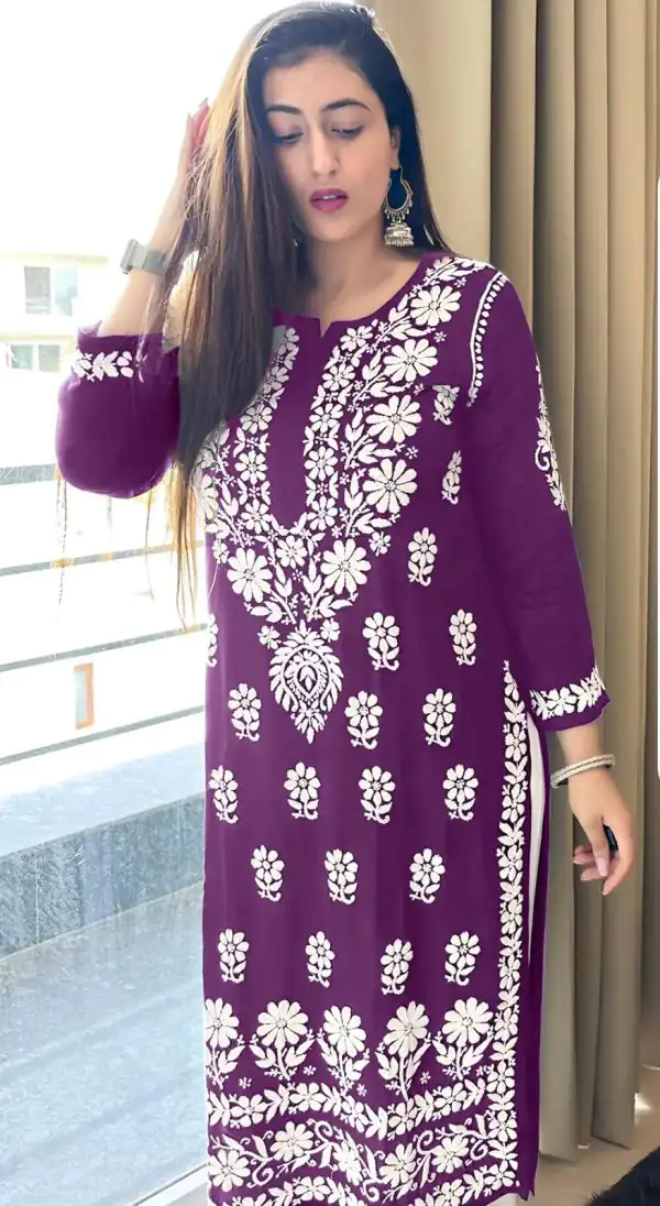 Pretty Purple Color Heavy Rayon Cotton Style Embroidery Kurti