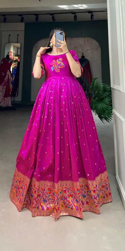 Superb Purple Color Jacquard Silk Paithani Zari Designer Gown