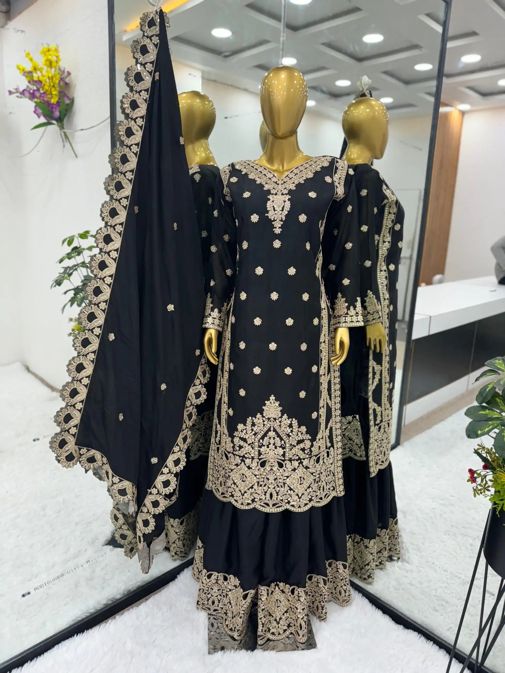 Aglow Black Color Pure Chinnon Silk Embroidery Salwar Suit