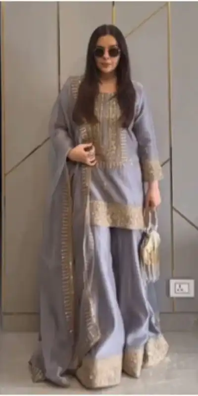 Fancy Grey Color Chinnon Silk Embroidery Sequence Salwar Suit