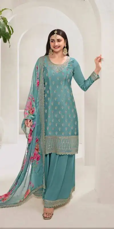 Grand Blue Viscose Chinon Embroidered Sequence Salwar Suit