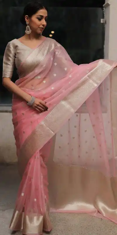 Grand Pink Color Organza Jacquard Butti Worked Saree