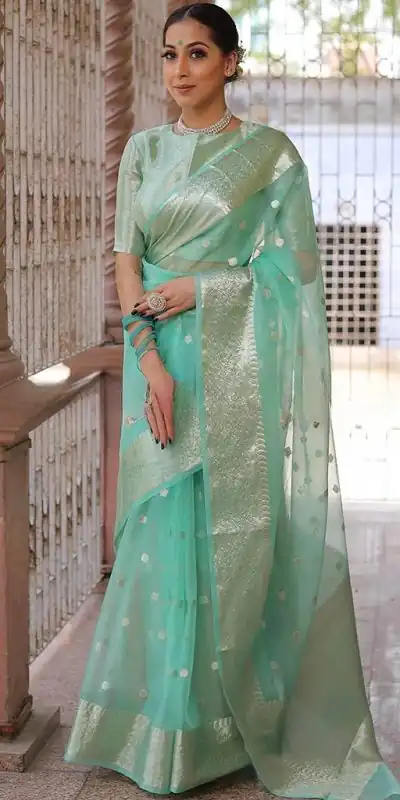 Grand Turquoise Color Organza Jacquard Butti Worked Saree