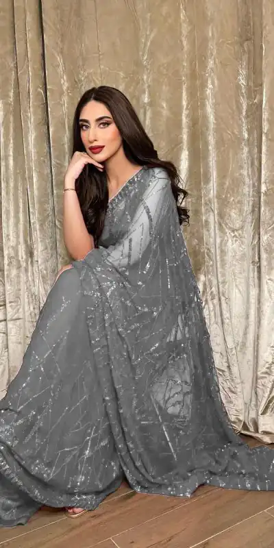 Majestic Grey Color Georgette Embroidery Sequence Piping Saree