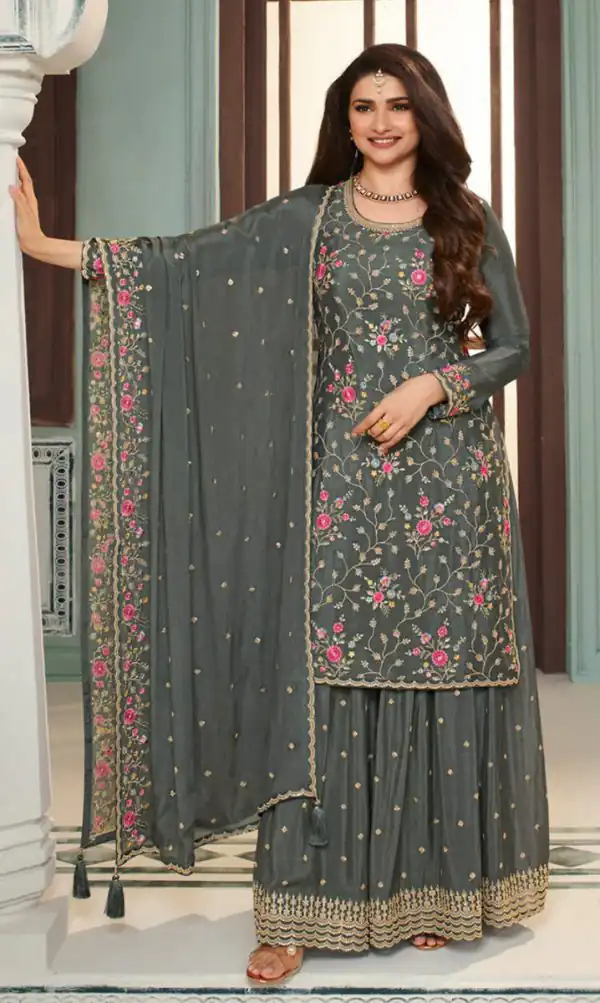 Superb Grey Color Chinon Embroidery Multi Work Salwar Suit