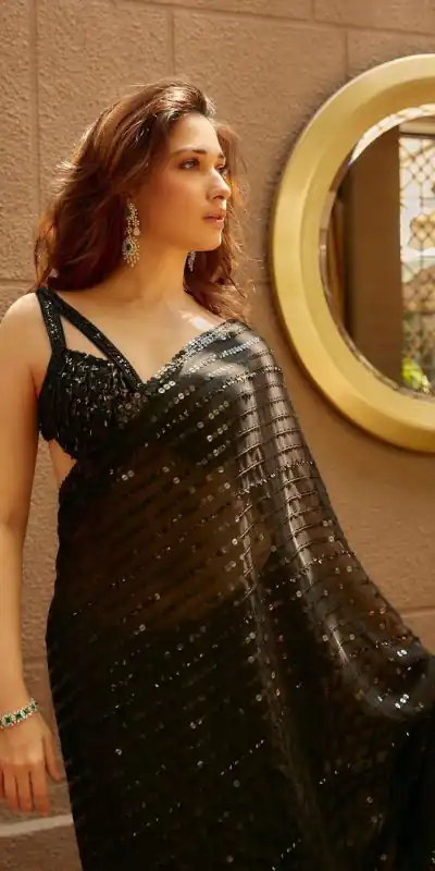 Tamannah Bhatia Black Color Georgette Embroidery Thread Saree