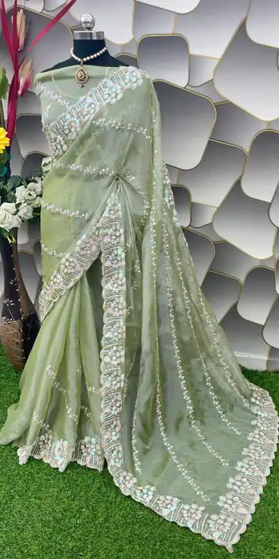 Aglow Pista Green Jimi Choo Silk Beautiful Embroidery Saree