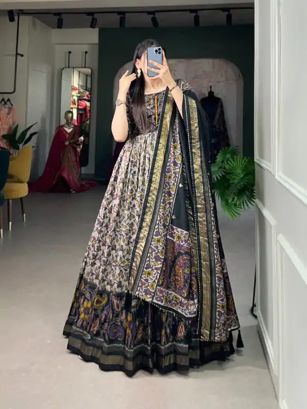 Classic Black Color Tussar Silk Floral Print With Foil Print Gown
